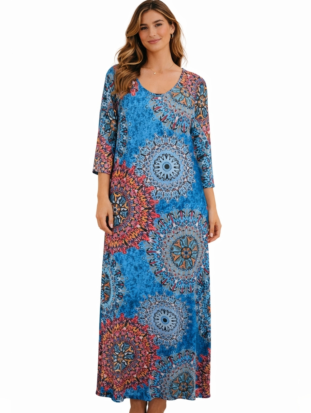 Blue Medallion Print Maxi Dress with Scoop Neck